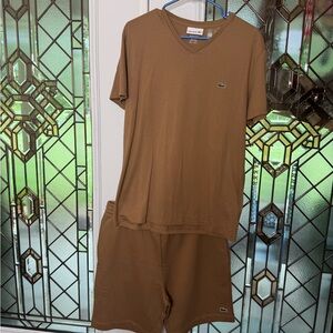 Lacoste Brown V‑Neck Tee and Athletic Shorts Set Size Large